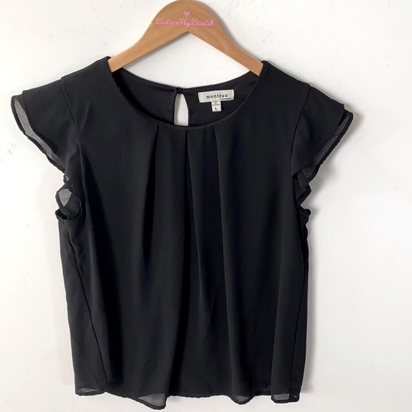 Monteau Black Chiffon Short Sleeved Flutter-sleeve Blouse, Size L - Picture 5 of 11